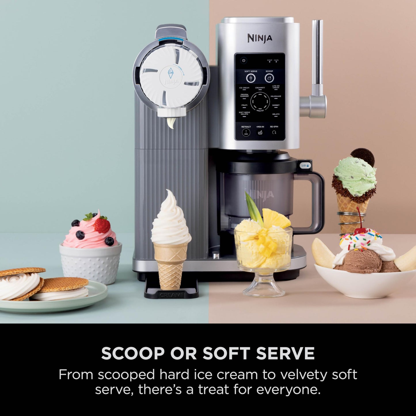 CREAMi Scoop and Swirl Soft Serve and Ice Cream Maker with 2x Tubs, 13 Functions, Makes Ice Cream